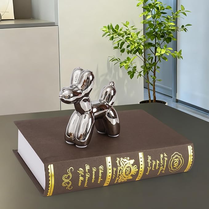Notakia Silver Balloon Dog Ceramic Statue, Handmade Small Modern Animal Figurine, Cute Desktop Decoration for Living Room, Home Decor Accent