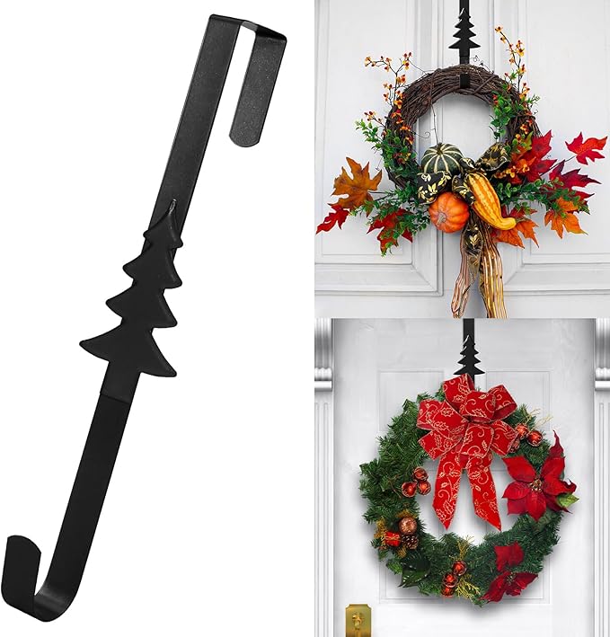 15 inches Christmas Decorative Wreath Hangers for Front Door;Over the Door Hooks (Black, Christmas Tree)