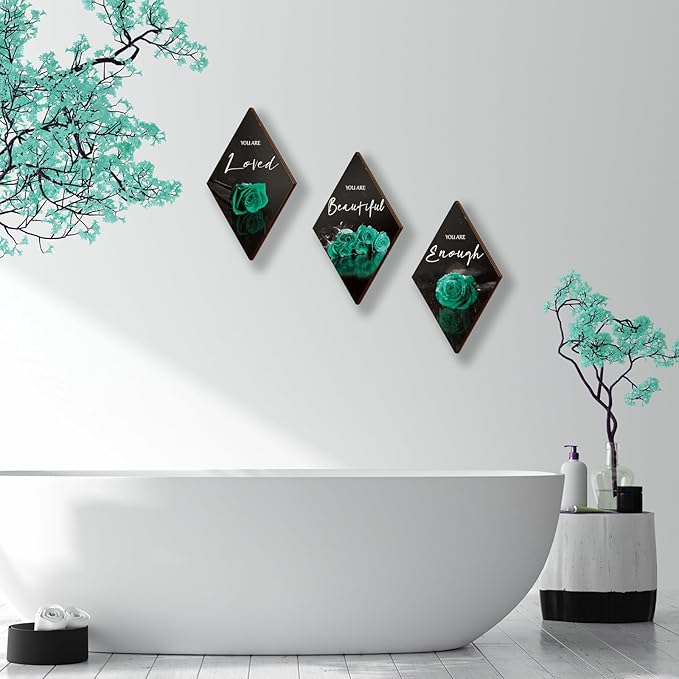 ONIZHITY 3-Piece Rose Wooden Wall Decor - Positive Quotes, You Are Beautiful, for Bedroom, Kitchen, Bathroom & Wedding (Teal, 12 x 7 inch)