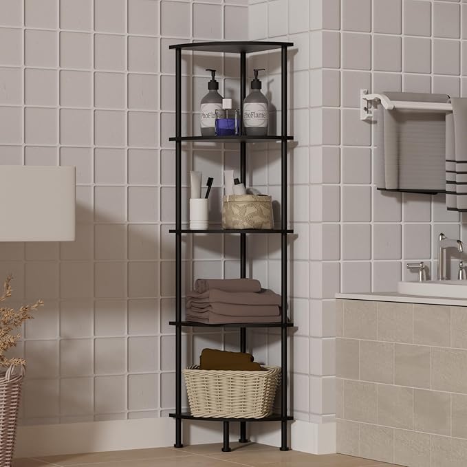 5-Tier Corner Shelf Stand, 52" Industrial Corner Display Rack for Living Room, Bookshelf, Tall Display Shelf, Plant Stand, Storage Standing Shelf for Bedroom, Bathroom, Kitchen, Black