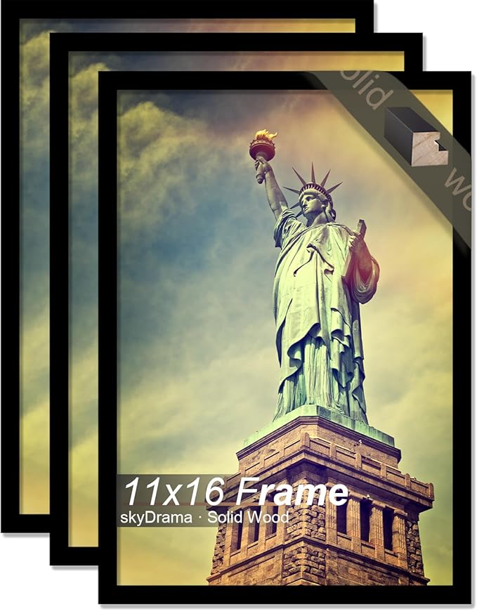 100% Solid Wood 11x16 Picture Frame Set of 3, Black Frame for 11 x 16 Inch Picture Poster Photo, Light Weight 11 by 16 HQ Matte Black Frame for Wall - 3 Pack/Black/11 x16