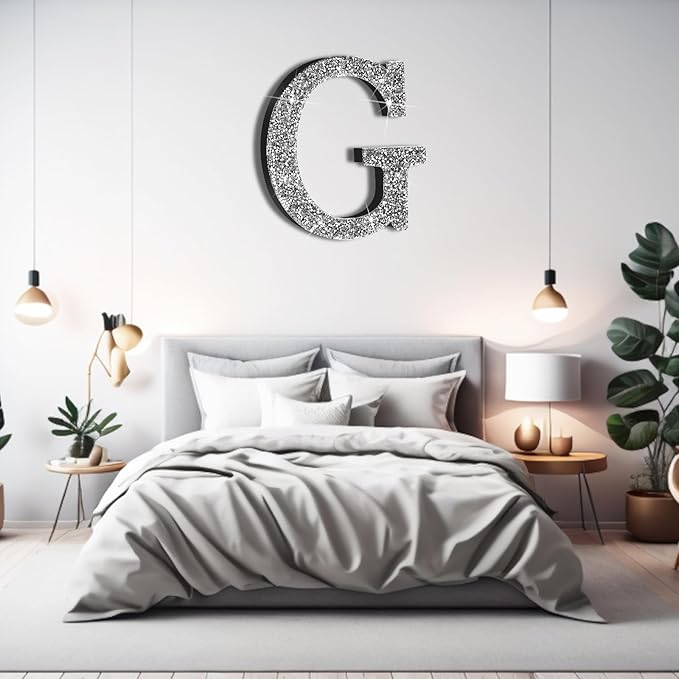 Qunclay 12'' Silver Crystal Diamond Bling Letters Crushed Diamond Decoration Wooden Glitter Letter with Screw and Hooks Rhinestone Gift for Wedding Y2k Mcbling Bedroom Wall Decor (Letter G)