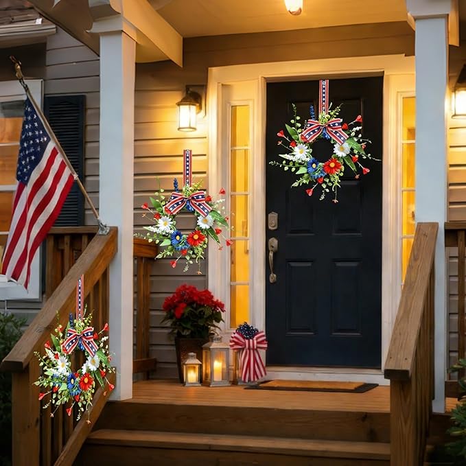8 Pcs Mini Patriotic American Kitchen Cabinet Wreaths Small 4th of July Floral Swag Wreath for Front Door with Ribbon Daisy July Independence Day Hanging Wreath for Porch Wall Farmhouse Decor