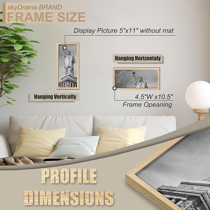 Natural Solid Wood 5x11 Picture Frame, Display 5 x 11 Inch Picture Poster Photo, Vertical & Horizontal Wall Hanging - 2 Pack/Natural/5"x11"