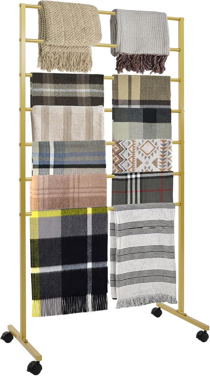 Scarf Organizer, 7-Tier Metal Scarf Display Stand with Wheels, Freestanding Scarf Display Rack, Retail Store Towel Rack, Ties Belt Pants Hanging Rack, for Boutique Display, Home (Gold-7 Rods)