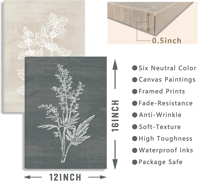 BINCUE Neutral Botanical Plant Canvas 6 Pieces Wall Art Rustic Wall Decor Farmhouse Wall Paintings Botanical Prints Simple Plants Wall Pictures Minimalist Flower Decor for Living Room Bedroom Bathroom Office Dining Room 12"x 16"