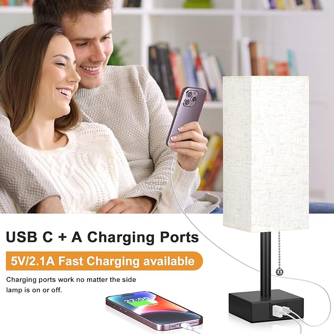 Bedside Table Lamp with 3 Color Temperatures - 3000/4000/5000K Small Lamp with USB C+A Ports, Nightstand Lamp with 3 Color Modes by Pull Chain, Bedroom Lamp for Living Read Work(LED Bulb Included)