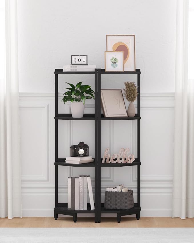 Hzuaneri Corner Shelf Stand, Corner Bookshelf, Storage Standing Shelf Unit with Metal Frame, Plant Stand, Bookcase for Living Room, Home Office, Bedroom, 4-Tier Black CS05806B