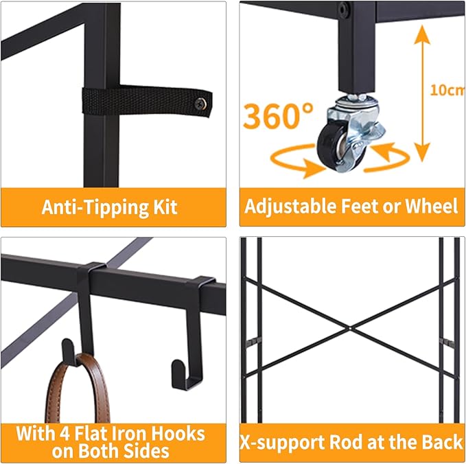 Clothes Rack, Heavy Duty Garment Rack for Hanging Clothes, Industrial Clothing Racks with Shelves, 2 Fabric Drawers, 4 Hooks, 1 Hanging Rods Rustic Brown YD-TM080H