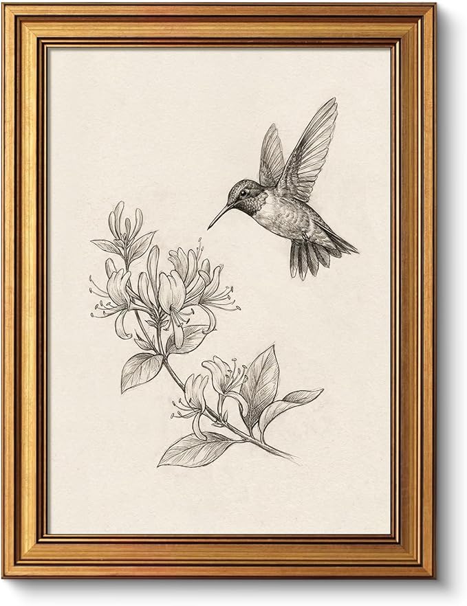 VIYYIEA Vintage Gold Framed Wall Art for Living Room, Bird & Flower Canvas Prints Home Decor, Sketch Painting Picture, Bedroom Wall Decor Gifts for Friends or Family -【Wings and Blooms】-(16L x 12W)