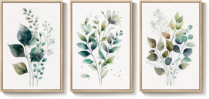 Framed Green Botanical Wall Art for Living Room, 3 Piece Neutral Minimalist Watercolor Leaf Canvas Painting Prints, Modern Farmhouse Boho Sage Green Plant Artwork for Bedroom Kitchen Wall Decor
