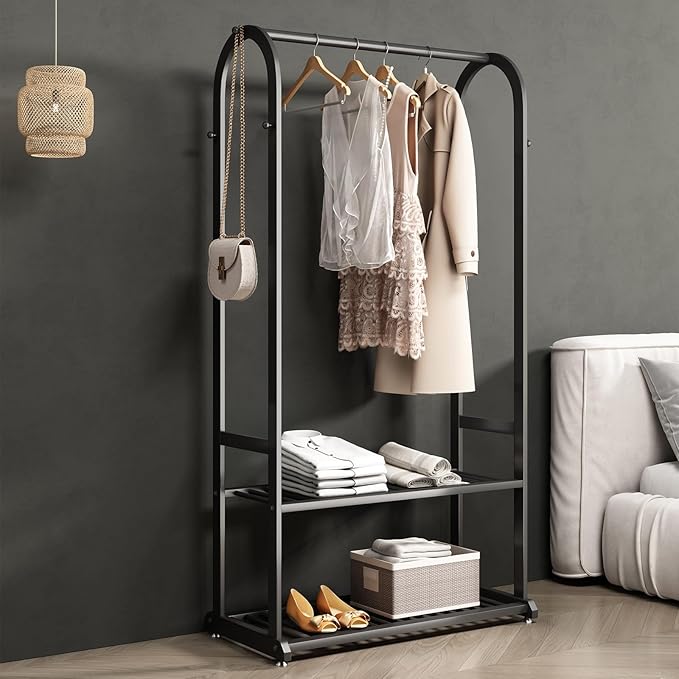 Freestanding Clothing Rack,Metal Garment Rack with Bottom Shelves and 6 Side Hooks,Black sturdy clothes racks for hanging clothes,Modern Wardrobe Organizer for Bedroom or Closet (L:31.5IN)