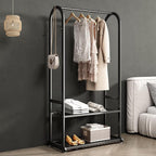 Freestanding Clothing Rack,Metal Garment Rack with Bottom Shelves and 6 Side Hooks,Black sturdy clothes racks for hanging clothes,Modern Wardrobe Organizer for Bedroom or Closet (L:31.5IN)