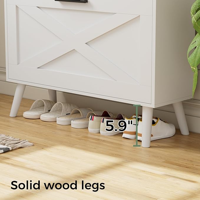 32" W Farmhouse Shoe Storage Cabinet with 2 Flip Drawers and Barn Door Design, Adjustable Shelves, Modern Hidden Slim Narrow Shoe Rack Cabinet for Entryway, Foyer, Hallway, Living Room, White