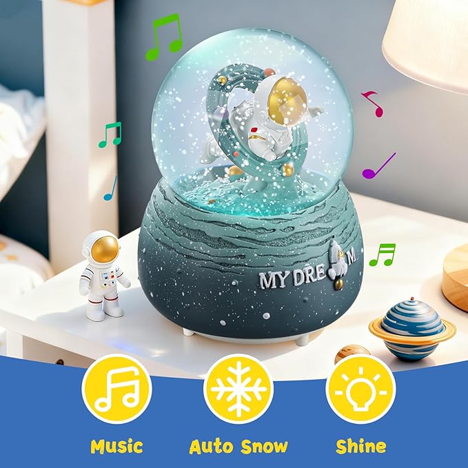 Astronaut Snow Globes, 80MM Musical Glitter Snow Globe to Explore The Vast Starry Sky, Astronaut Musical Snowglobe