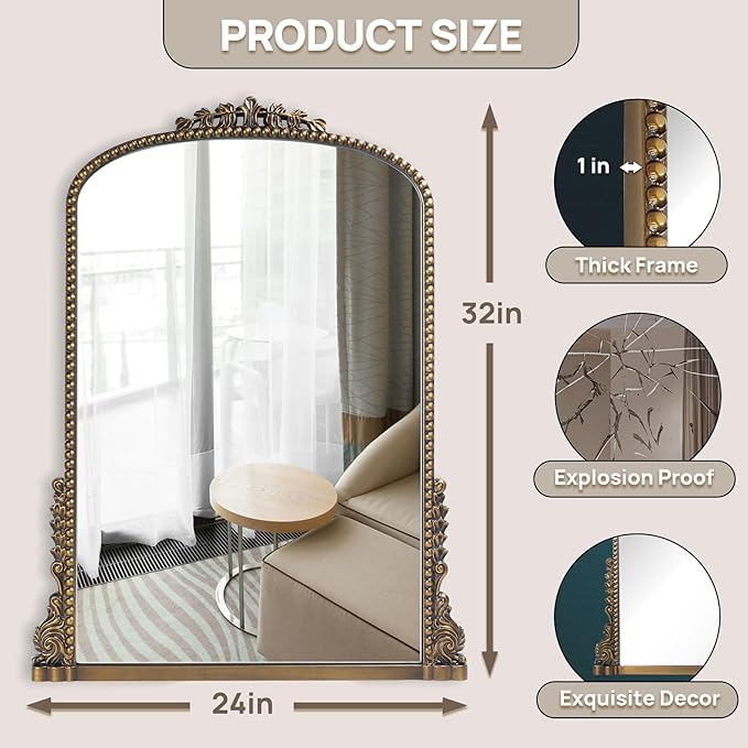 Vintage Baroque Arched Mirror - Traditional Ornate Antique Brass Wood Frame - 24"X32" - Perfect for Entryway, Fireplace, Living Room, Hallway, Bathroom