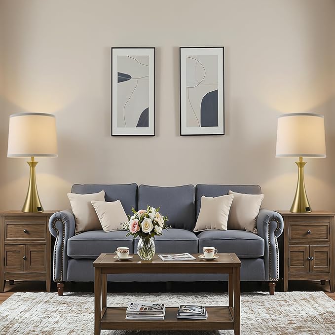 Touch Lamp for Living Room Bedroom, 21" Table Lamps Set of 2 with USB C+A Ports and White Lamp Shades, 3 Way Dimmable Gold Touch Bedside Lamps for Nightstand, 2 LED Bulbs Included