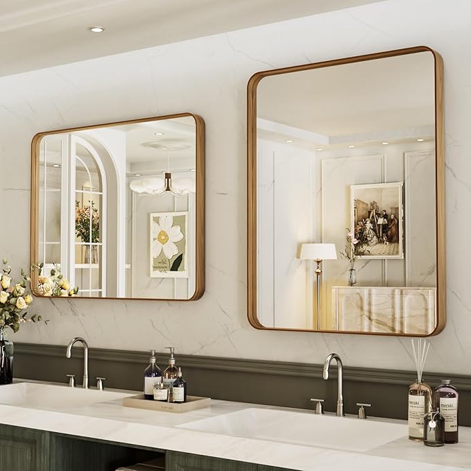 LOAAO 20X30 Inch Bathroom Mirror with Wood Grain Colored Metal Frame, Rounded Rectangle Metal Framed Bathroom Mirror, Anti-Rust, Hangs Horizontally or Vertically