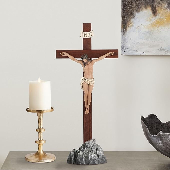 Crucifix Standing - Hand Painted Wooden Cross Table Decor, Standing Jesus Cross Catholic Home Decor Religious Gifts 15 Inch