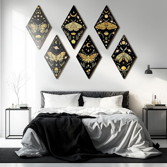 Sintuff 6 Pieces Gothic Wall Decor Boho Sun Moon Phases Wall Art Gothic Minimalist Stars Sun Hanging Wooden Home Decor Farmhouse Pediments for Gallery Living Bedroom Room(Moth)
