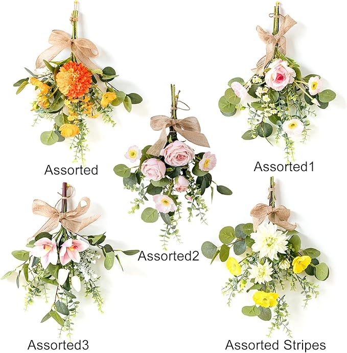 FQQWEE 2 Pcs Artificial Flowers Teardrop Swag 19.7 Inch Spring Summer Floral Swag Wreath with Eucalyptus Leaves and Mix Flowers Decorative Teardrop Wreaths for Front Door Wall Wedding Home Decor