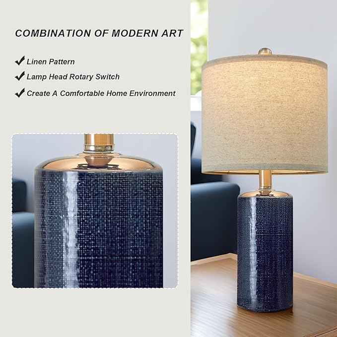 G-SAFAVA 20.25" Small Table Lamps Set of 2 Modern Ceramic Lamps for Living Room Farmhouse Bedside Lamps Boho for Night Stands Bedroom Lamps Side Table Lamps End Table Lamps, Blue