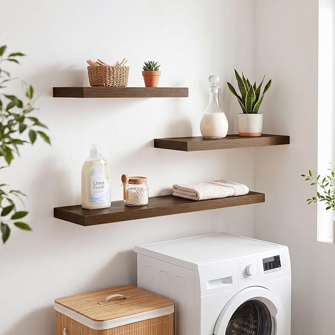RICHFOCUS 20Inch Floating Shelves for Wall 2 Pack Shelves for Bedroom|Kitchen|Bathroom|Laundry Room Rustic Wood Wall Mounted Shelf with Invisible Brackets for Books|Storage|Decor, Walnut