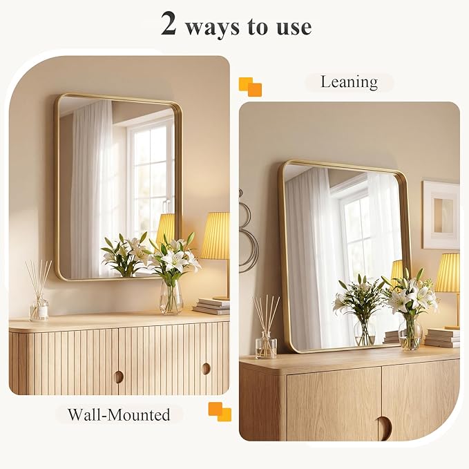 Sweetcrispy Bathroom Wall Mirror, 40x30 Inch Wall Mount Mirror for Over Sink, Modern Rounded Rectangle Vanity Mirrors with Matte Metal Framed, for Home Decor, Living Room, Bedroom, Gold