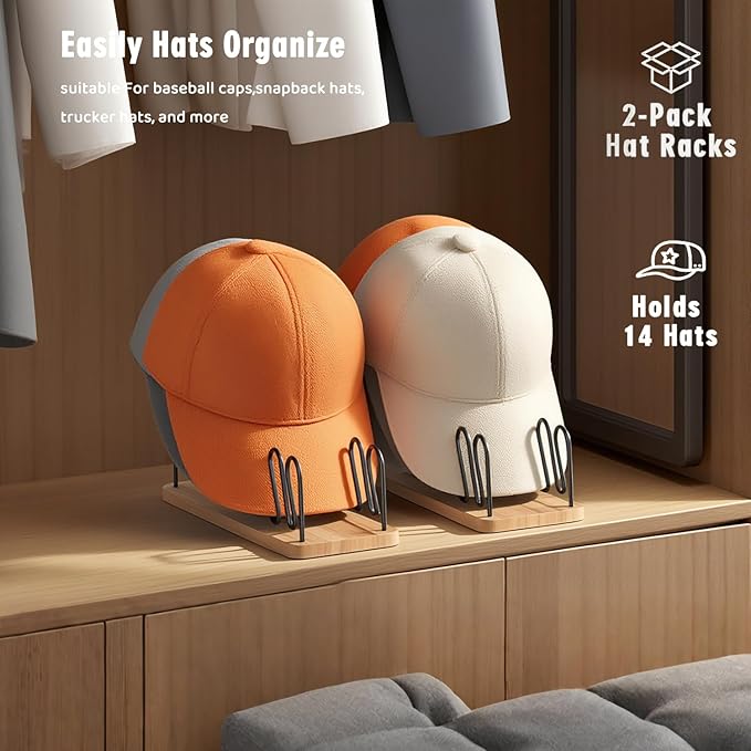Hat Organizer for Baseball Caps-2 PacK | Wood & Metal Hat Rack Holds 14 for Baseball Caps | Space-Saving Closet Shelf Organizer for Bedroom, Dresser, Entryway
