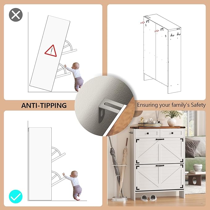 Shoe Cabinet with 2 Flip Drawers and Deodorizing Function, Hidden Shoe Storage Cabinet with 2 Pull-out Drawers, Farmhouse Shoe Organizer for Entryway, Narrow Shoe Rack for Front Door Entrance, White