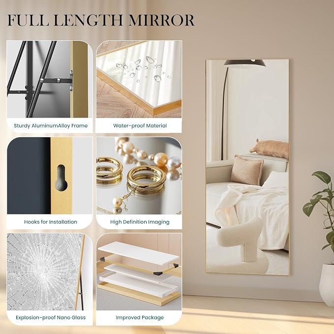 DUMOS 64"x21" Full Length Mirror, Full Body Mirror with Aluminum Alloy Thin Frame, Standing Mirrors with Leaning or Hanging, Suitable for Bedroom, Livingroom, Cloakroom, Gold