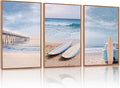 KAlRNE Coastal Seascape Wall Art Set of 3(24”X36”),Modern Ocean Beach Wall Decor,Seaside Holiday Surfboard Framed Canvas Paintings,Vintage Bridge Blue Bus Art Prints For Living Room Bedroom Office