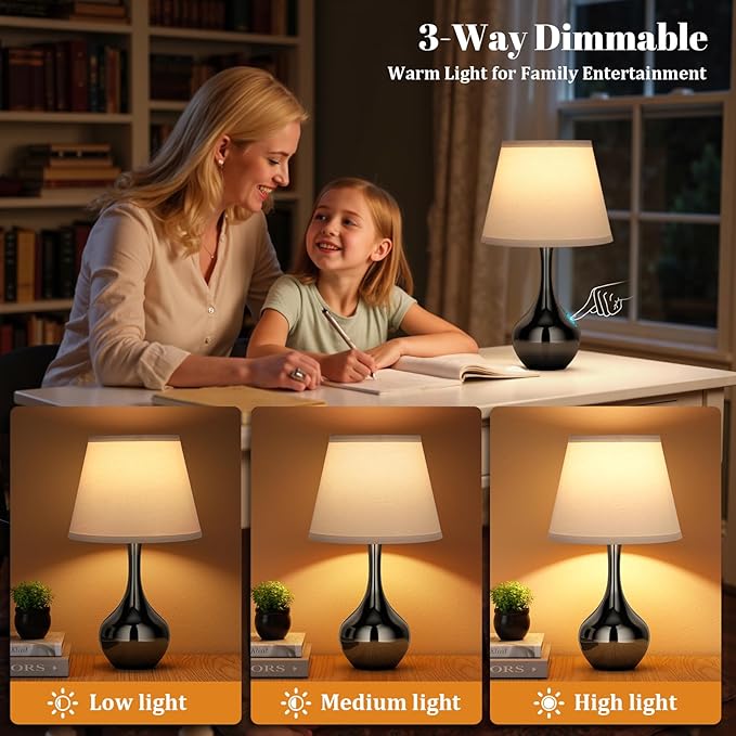 Seealle Touch Table Lamp for Bedroom, 3-Way Dimmable Small Bedside Lamps for Night Stands with Wires, Gloss Black Desk Lamp for Kids Room, Office, Living Room, End Table(LED Bulb Included)