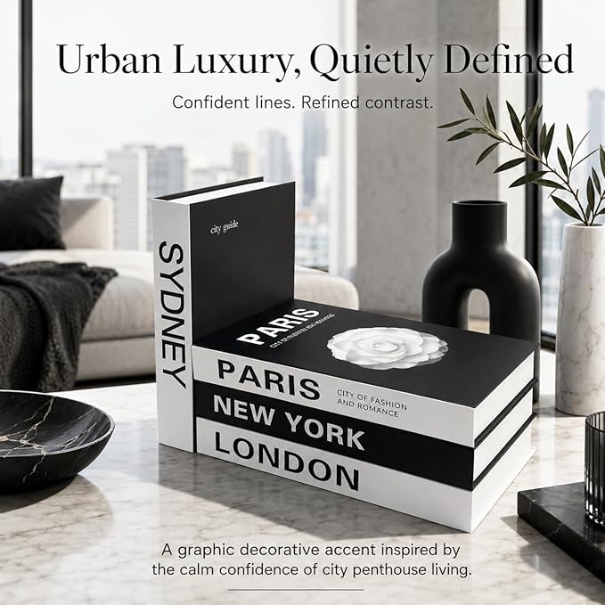 PROBENEX Urban Large 4 PCS Faux Decorative Books | Not Real Books, Cardboard Foldable Display Props | NYC London Paris Sydney City Theme Book Set | Modern Minimalist Coffee Table Decor