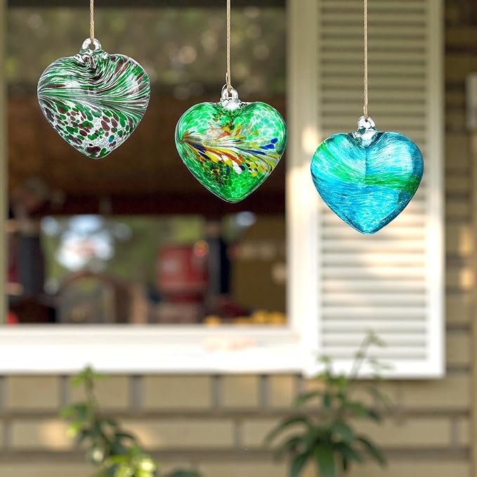 Set of 3 Green Blown Glass Heart Ornaments 4 Inch Hanging Decor for Outdoor Unique Home Garden Patio Decoration for Mom Wife