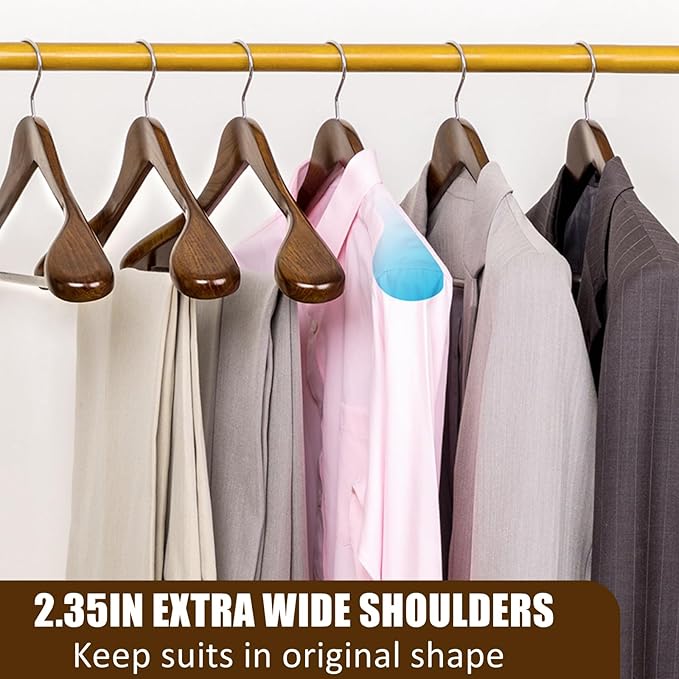 Amber Home 6 Pack Walnut Wide Shoulder Wooden Suit Hangers, Wood Coat Hangers with Non Slip Pants Bar, Clothes Hangers for Jackets, Sweaters, Pants & Heavy Clothes (Vintage, 6 Pack)