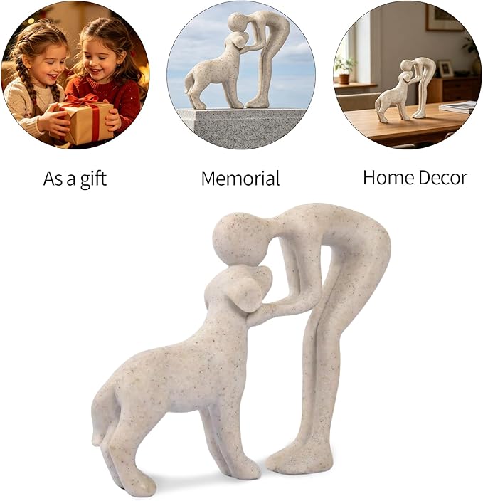 Abstract Resin Hand-Painted Sculpture of Person and Dog Bonding – Head-to-Head Intimate Figurine Decoration for Office、Living Room、Bedroom、Home， Memory Gifts for Pet Lovers (Sandstone)