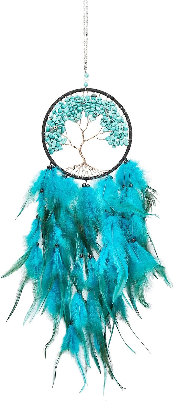 Pretty Jolly Aqua Blue Tree of Life Dream Catcher Wall Decor with Healing Crystal Stone Handmade Blue Green Feather Dream Catchers Decoration Wall Hanging Bedroom Room Wedding Party Wish Gift-25.6"
