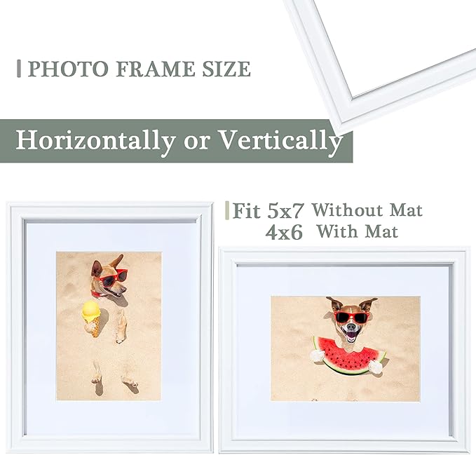 5x7 White Frame Made of Woodgrain 4x6 with Mat or 5x7 Without Mat,Covered by Real Glass Collage Frames-Table Top Display or Wall Mounting 5 By 7 Photo Frame,Perfect for Home Décor Gifts