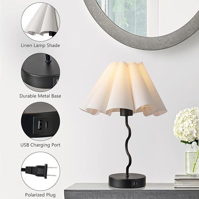 EOEYYOYB Pleated Table Lamp, Set of 2 Table Lamps for Bedroom, Bedside Lamps for Nightstand with Linen Lampshade, Modern Lamp for Bedroom Home Office Decor, Black