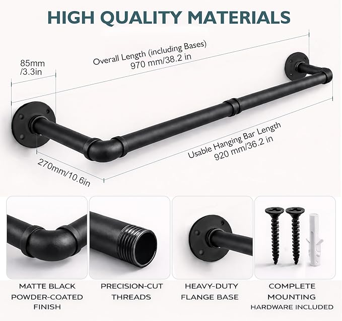 Svyrilk Industrial Pipe Clothes Rack 38.4" Wall Mounted, Heavy Duty Iron Garment Bar, Space-Saving Hanging Rod for Closet, Laundry Room, Bedroom, Black