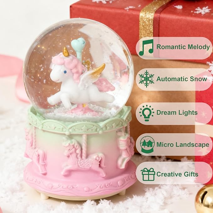Unicorn Snow Globes,Pink Music Snowglobes with LED 7 Colors Lights,Automatic Snow Fall Effect,Home Decor for Kids Room Essentials,Christmas and Birthday Gifts for 3-15 Year Old Girl (Pink)