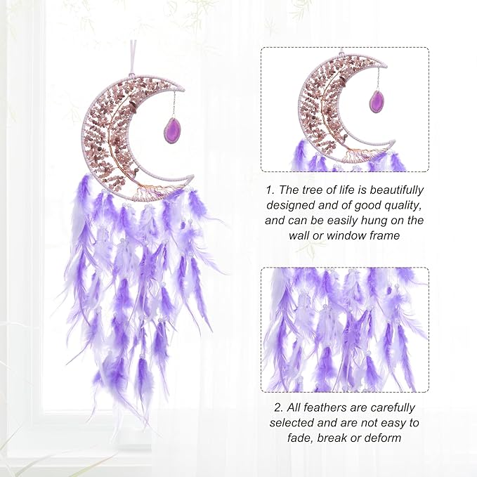 PATIKIL Crystal Life of Tree Dream Catchers, 28 Inch Feather Handmade Moon Dream Catchers with Gemstone Agate Stone Wall Hangings Decor for Home Wedding Bedroom Living Room, Purple White
