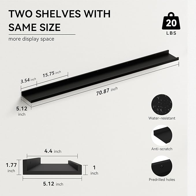 Boswillon 70.9 Inches Long Floating Shelves, 2 Set Modern Wall Shelf for Bedroom, Nursery Book Shelf with Lip, Picture Ledge Shelf for Wall Decor Living Room Bathroom Kitchen - Black