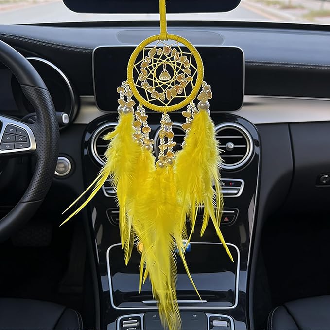 Small Dream Catcher for Car Handmade Boho Hanging Decor for Car Interior Rear View Mirror Feathers Dream Catchers Charms Ornament(Yellow)