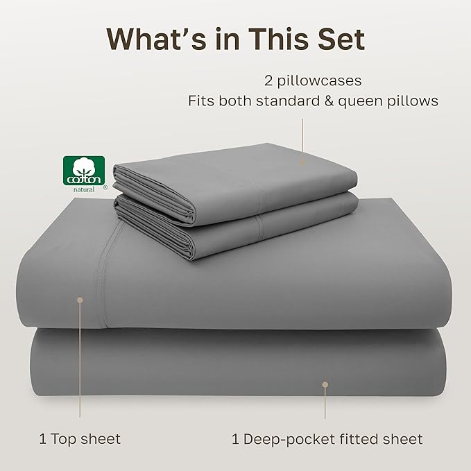 California Design Den Luxury Queen Size Sheet Set - 100% Cotton, 600 Thread Count Deep Pocket Queen Sheets, Hotel-Quality Bedding with Sateen Weave - Mist Grey