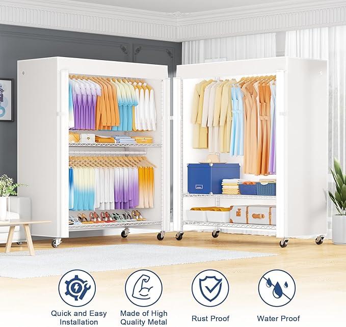 P8C Max Heavy Duty Clothes Rack（With Extended Width Design） Rolling Clothing Racks for Hanging Clothes with Lockable Wheels，51.2"W x 15.8"D x 80.5"H，Load 700LBS，White Rack with White Cover