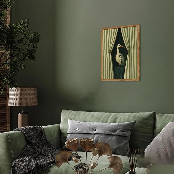 Framed Moody Heron Wall Art, Eclectic Vintage Bird Pictures Wall Decor Paintings, Surreal Whimsical Animal Canvas Prints Unique Humorous Home Decor for Living Room Bedroom Bathroom 16x24 inch