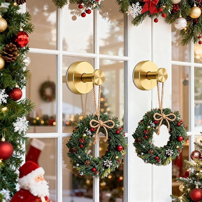 4 Pack Suction Cup Wreath Hanger, 2025 New No Drill Suction Cup Hooks for Door Wreaths, Reusable Holder for Glass Window, Door, Fall, Halloween, Christmas, Welcome Sign(Gold)