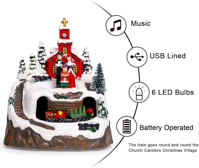 Animated Musical Christmas Village Choir Figurines Christmas Collectibles Statues Church Building & Carolers with Rotating Train LED Lights, Battery & USB Home Decor Gifts Festive Holiday Decorations
